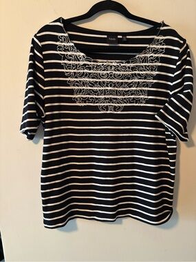 Rafaella Black and White Knit Striped Embroidered Scoop Neck Top Plus Sz XXL